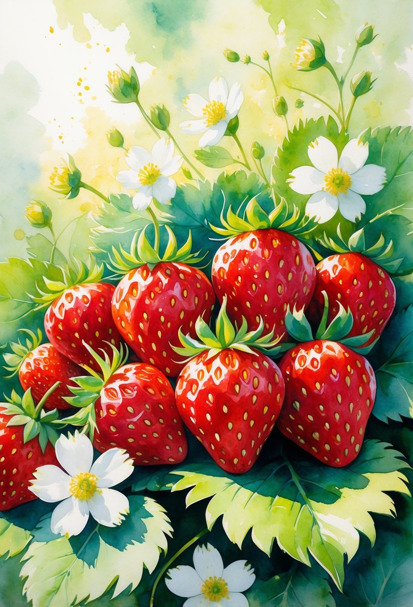 A cluster of ripe strawberries with green leaves and white blossoms on a soft natural background.