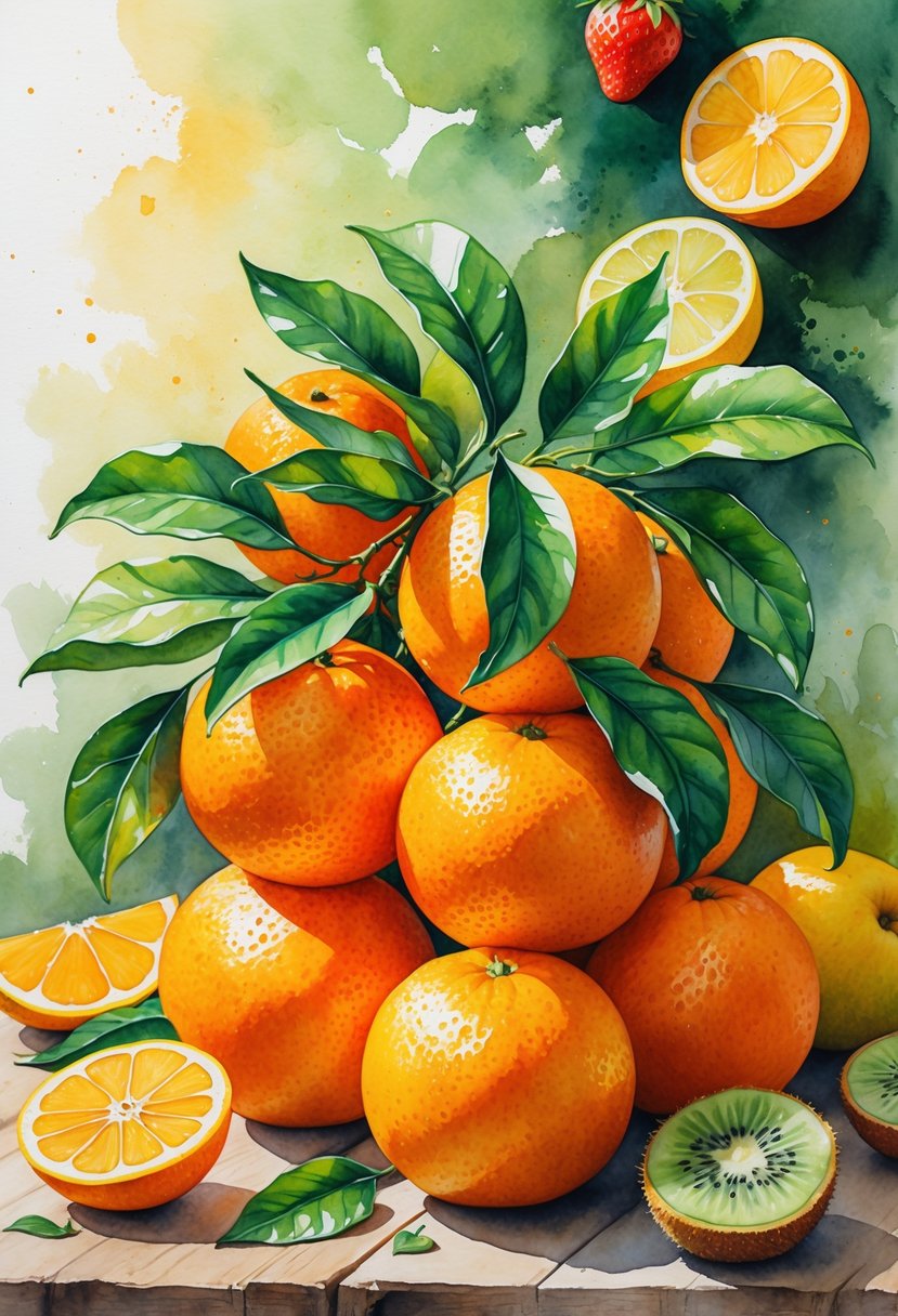 A still life of ripe oranges with green leaves on a wooden table, accompanied by slices of lemon, kiwi, and strawberries.