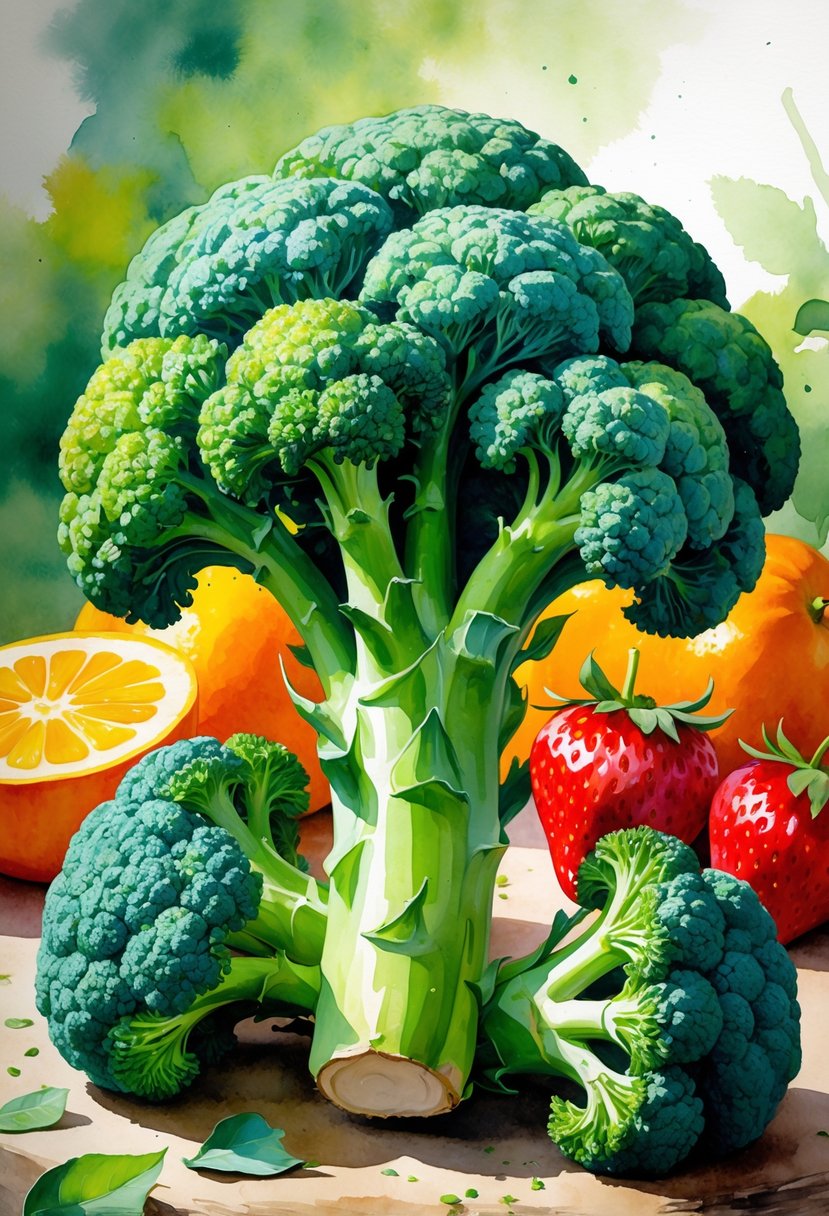 Fresh broccoli heads arranged on a wooden table with blurred slices of oranges, red bell peppers, and strawberries in the background.