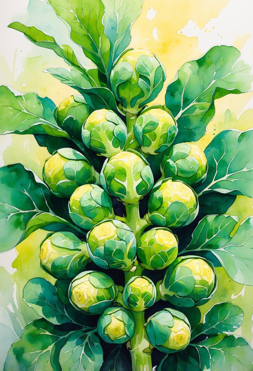 A cluster of fresh Brussels sprouts on the stalk with green leaves.