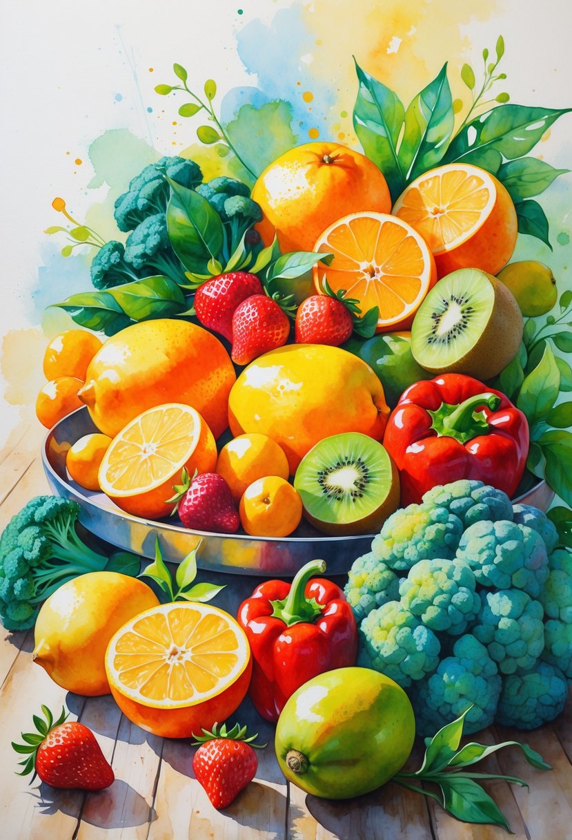 A collection of fresh fruits and vegetables including oranges, lemons, strawberries, kiwis, bell peppers, broccoli, and leafy greens arranged on a wooden table.