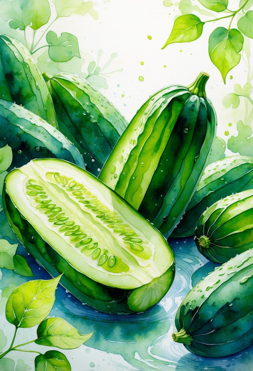 A close-up of fresh cucumbers with slices and leaves arranged on a surface, showing their green color and texture.