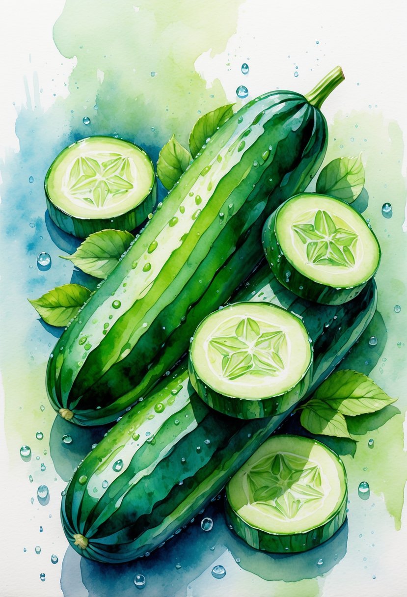 Fresh cucumbers, whole and sliced, with water droplets on them, surrounded by a soft, watery background.