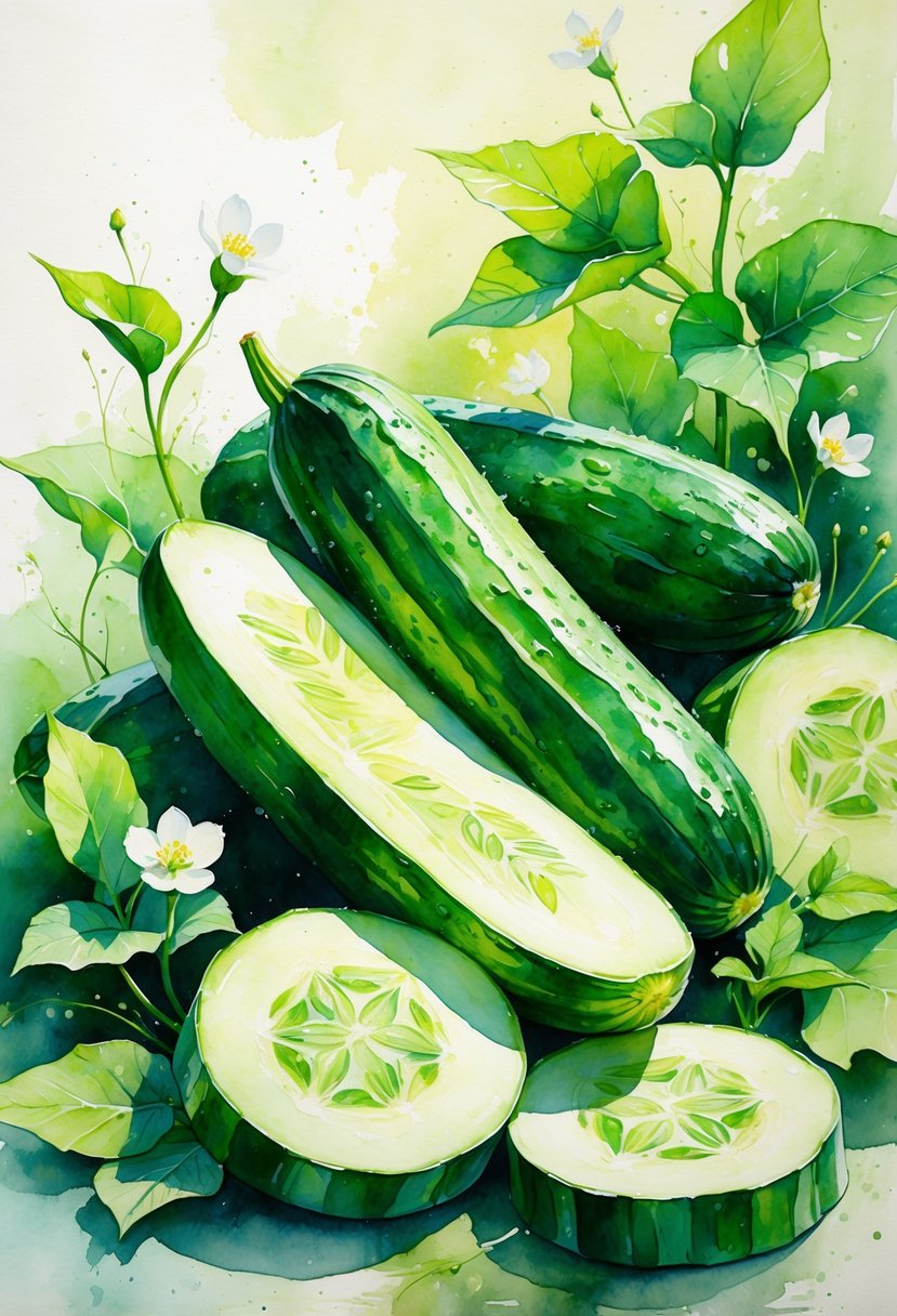 Fresh cucumbers with green leaves and white flowers arranged naturally on a surface.