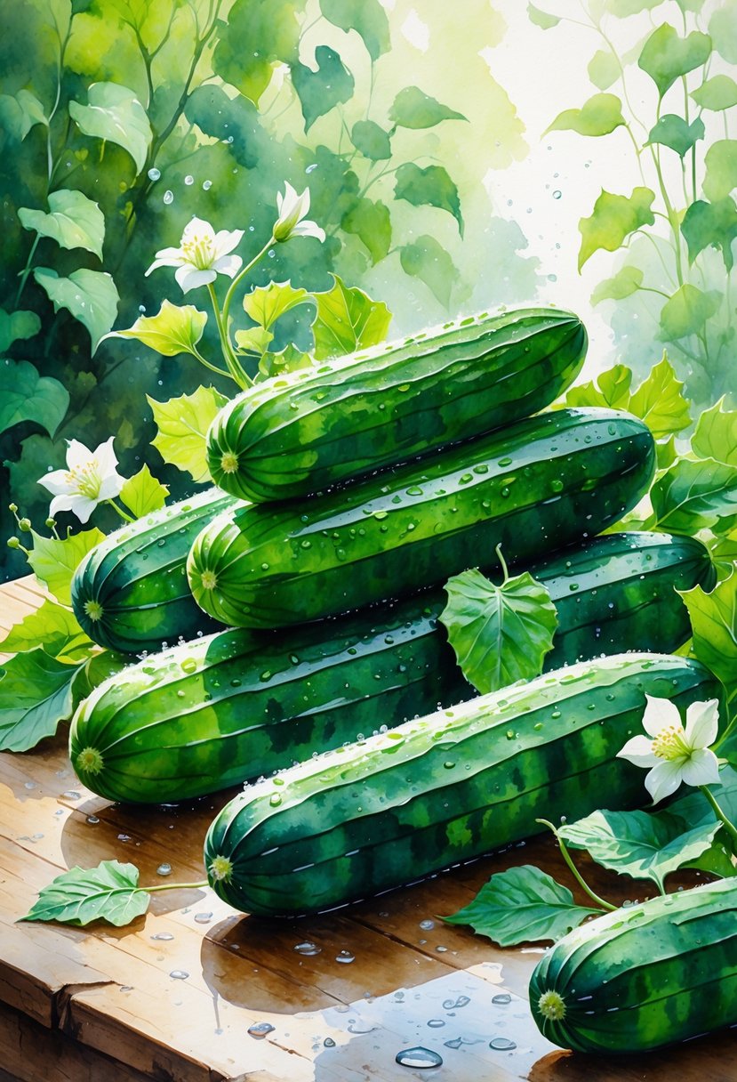 Fresh cucumbers with leaves and flowers arranged on a wooden table in a garden setting.
