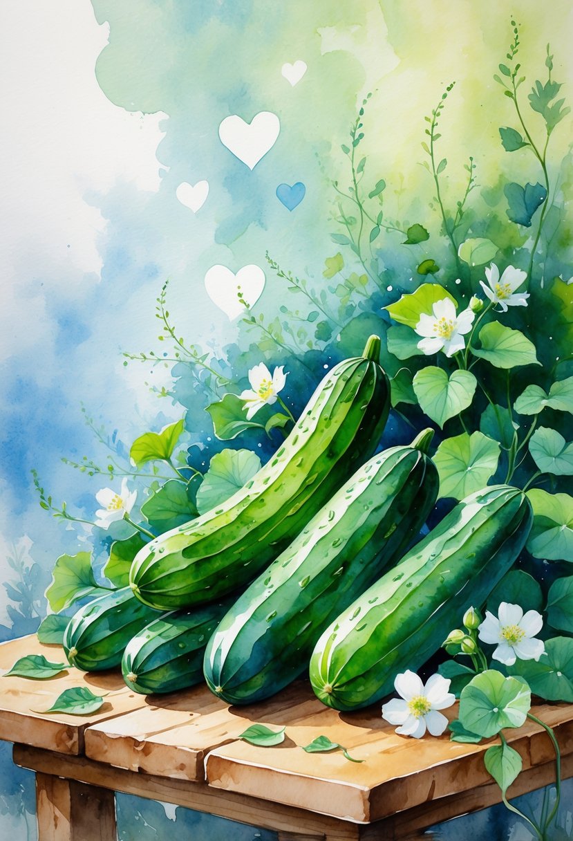 Fresh cucumbers with green leaves and white flowers arranged on a wooden table with soft blue and green background suggesting health and calmness.