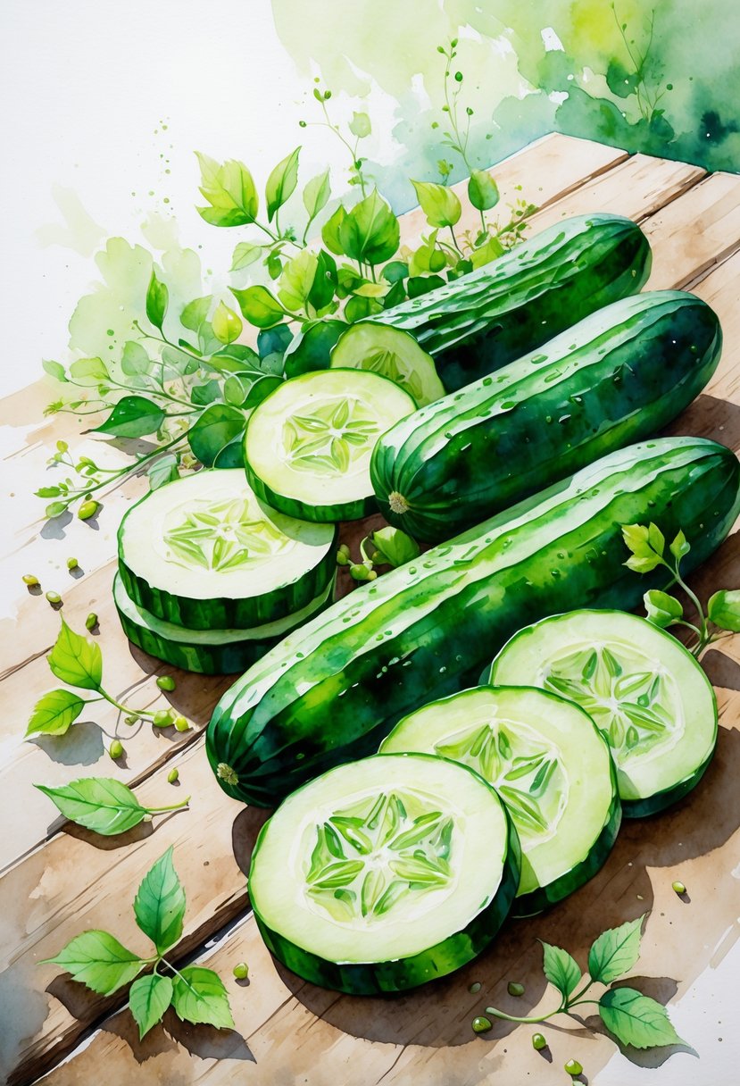 Fresh cucumbers, both whole and sliced, displayed on a wooden table with leafy greens around them.
