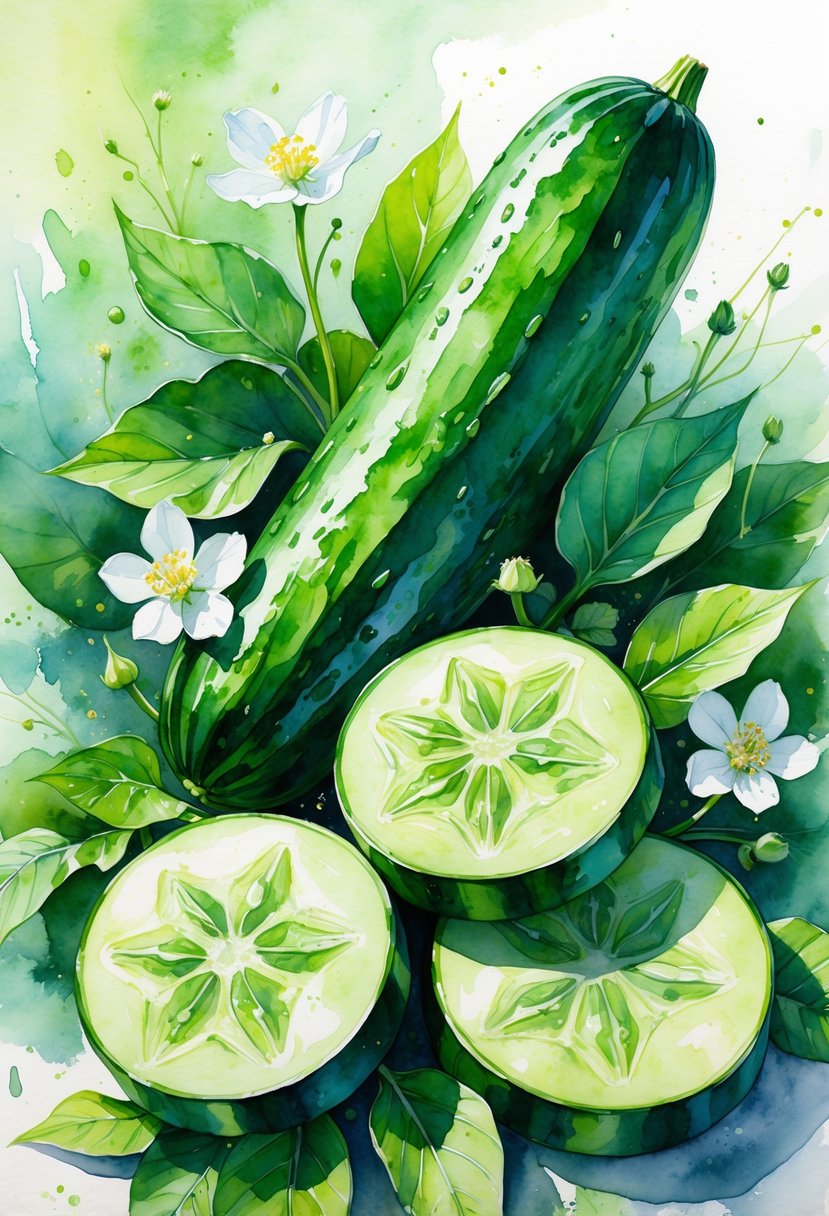 Fresh cucumbers with green leaves and white flowers arranged naturally on a soft green and blue background.