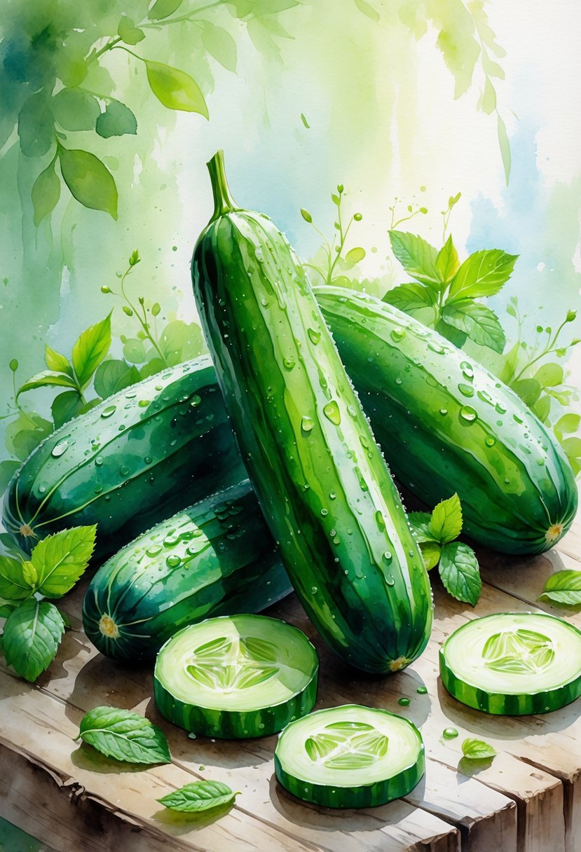 Fresh cucumbers, whole and sliced, arranged on a wooden table with mint leaves and soft natural lighting.