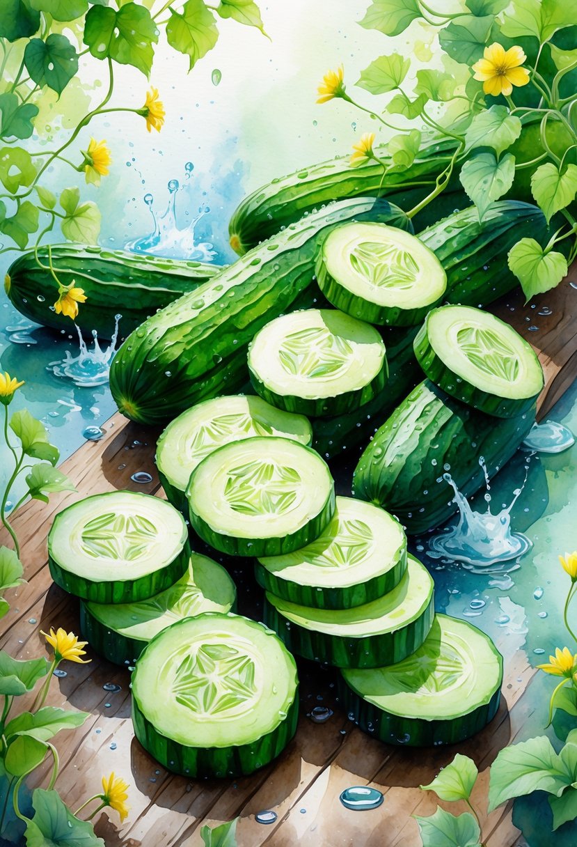 Fresh cucumbers with slices and cucumber vine leaves arranged on a wooden surface with water droplets around them.