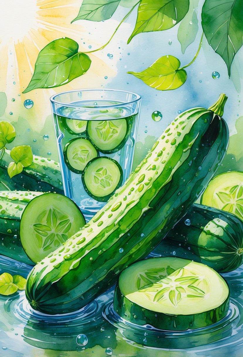 Fresh cucumbers and cucumber slices with water droplets next to a glass of cucumber water on a sunny background.