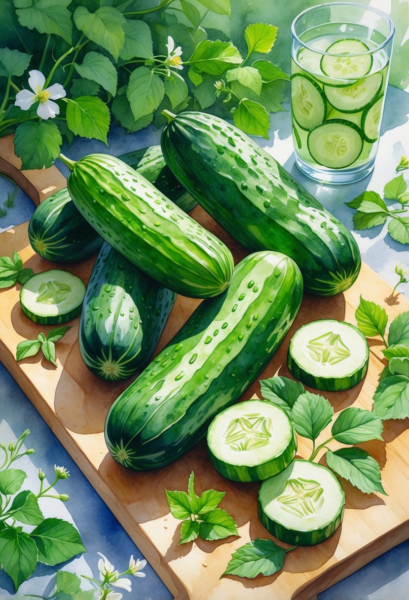 Fresh whole and sliced cucumbers on a cutting board with cucumber leaves and flowers, set in a bright kitchen scene with herbs and a glass of cucumber water.