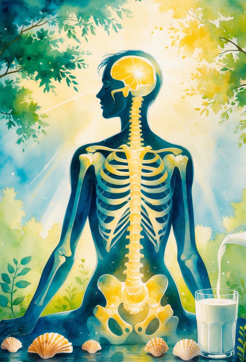 A person with highlighted bones surrounded by sunlight, leaves, and natural elements symbolizing bone health and calcium absorption.
