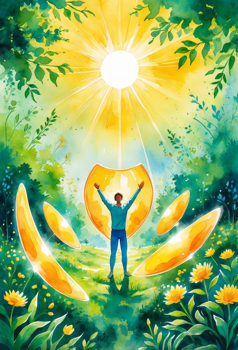 A person standing with arms raised in a sunlit natural landscape surrounded by glowing shields symbolizing strong immunity.