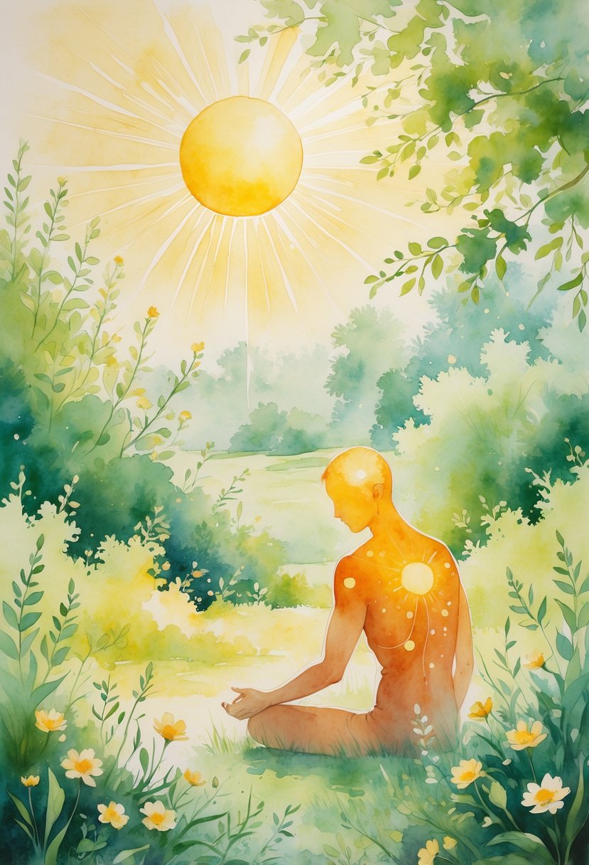 A peaceful natural scene with a glowing sun shining over green plants and a human figure showing areas of reduced inflammation.