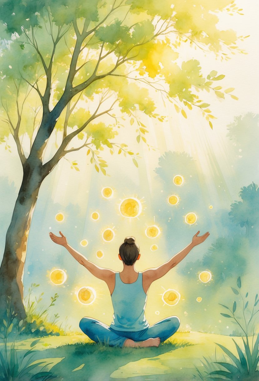 A person standing outdoors with arms open towards sunlight filtering through tree leaves, surrounded by gentle glowing shapes representing a balanced immune system.