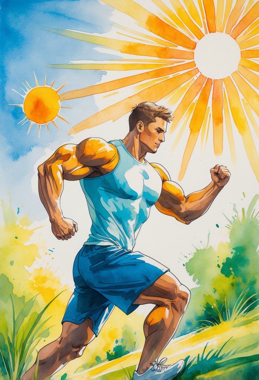 A person exercising outdoors under sunlight with highlighted muscles and natural surroundings.