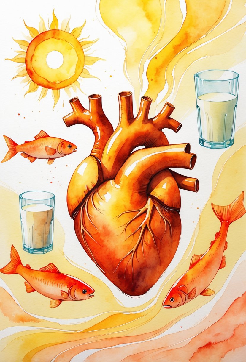 A glowing human heart surrounded by sunlight, fish, and a glass of milk, representing cardiovascular health and vitamin D benefits.
