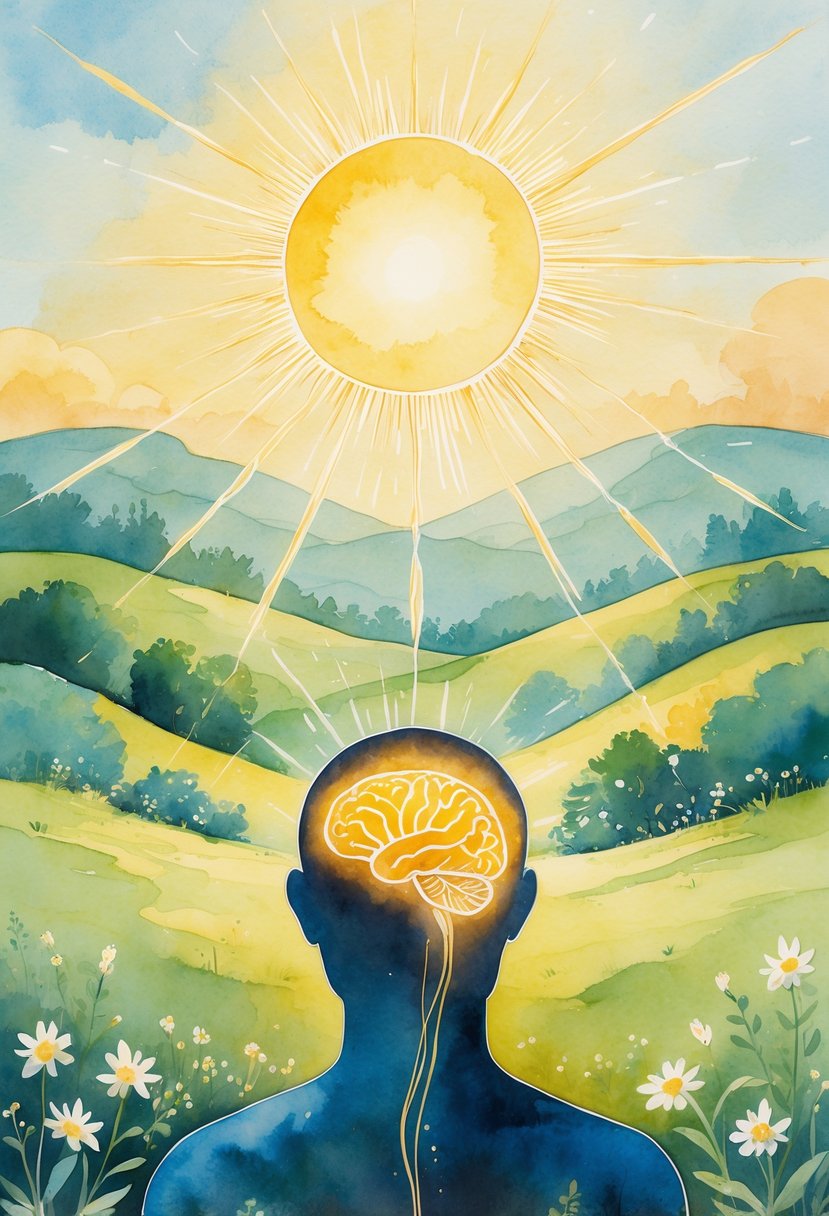 A peaceful natural landscape with a glowing human silhouette highlighting the brain, under a bright sun shining over green hills and flowers.