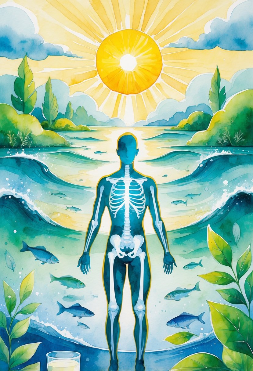 A sunlit natural landscape with a glowing human figure highlighting healthy bones, surrounded by foods rich in calcium and Vitamin D.
