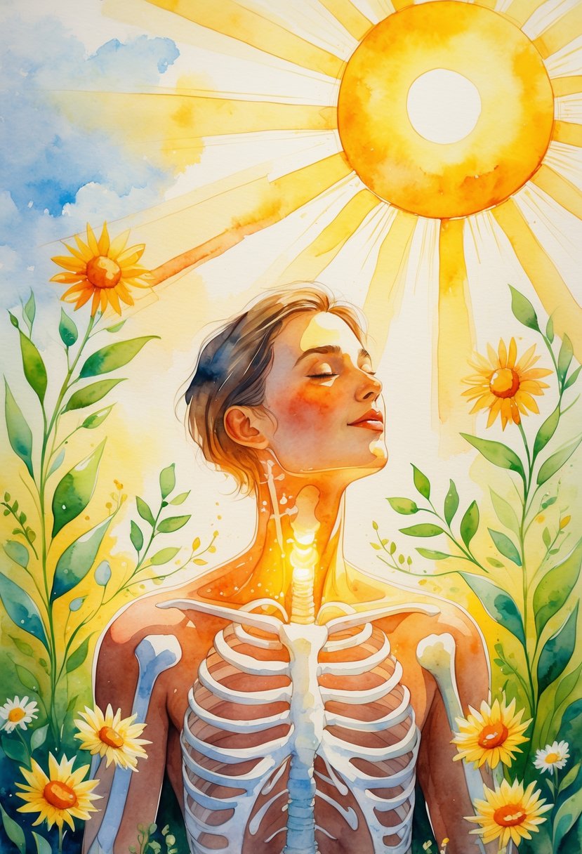 A person standing under a bright sun with glowing bones, a heart, and green leaves around them symbolizing health and vitality.