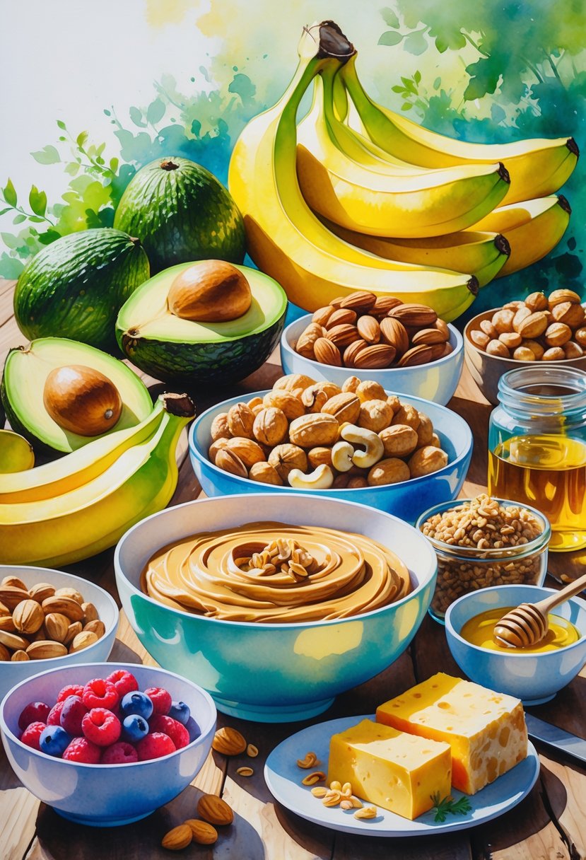 An assortment of foods including avocados, bananas, nuts, bread with peanut butter, honey, yogurt with berries, cheese, and olive oil arranged on a wooden table.