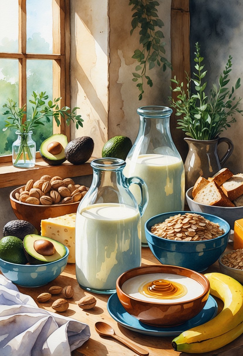 A kitchen table with a bottle and jug of milk surrounded by various nutritious foods like avocados, nuts, bread, cheese, bananas, and oatmeal.