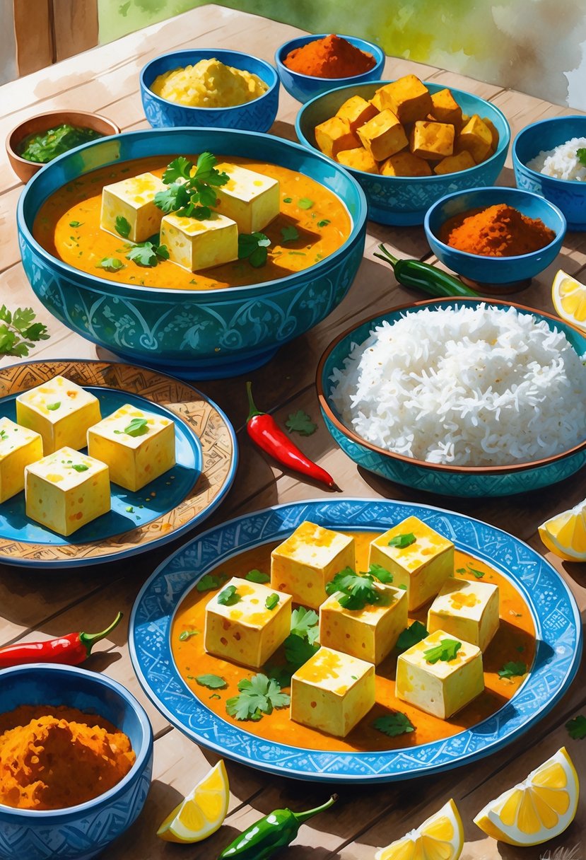 A table with various Indian dishes featuring paneer cheese, rice, spices, and fresh ingredients arranged invitingly.