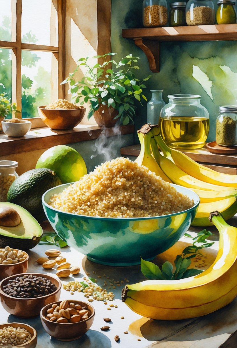 A kitchen table with a bowl of cooked quinoa surrounded by avocados, bananas, nuts, seeds, and olive oil in a warm, inviting setting.