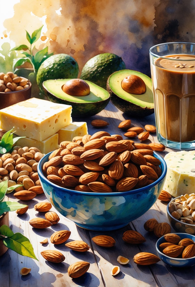 A bowl of almonds on a wooden table surrounded by avocados, cheese, nuts, and a smoothie glass.