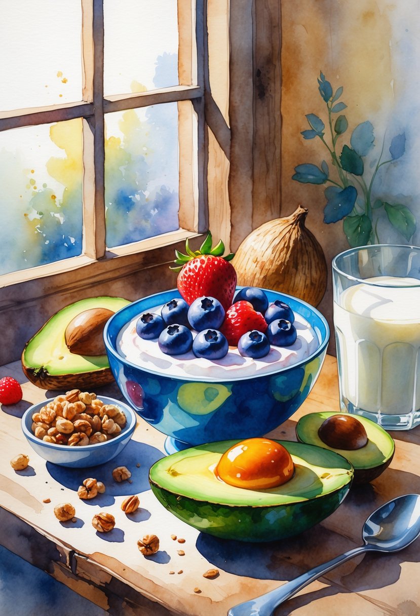 A bowl of Greek yogurt topped with fresh berries on a wooden table surrounded by nuts, avocado slices, honey, granola, and a glass of milk.