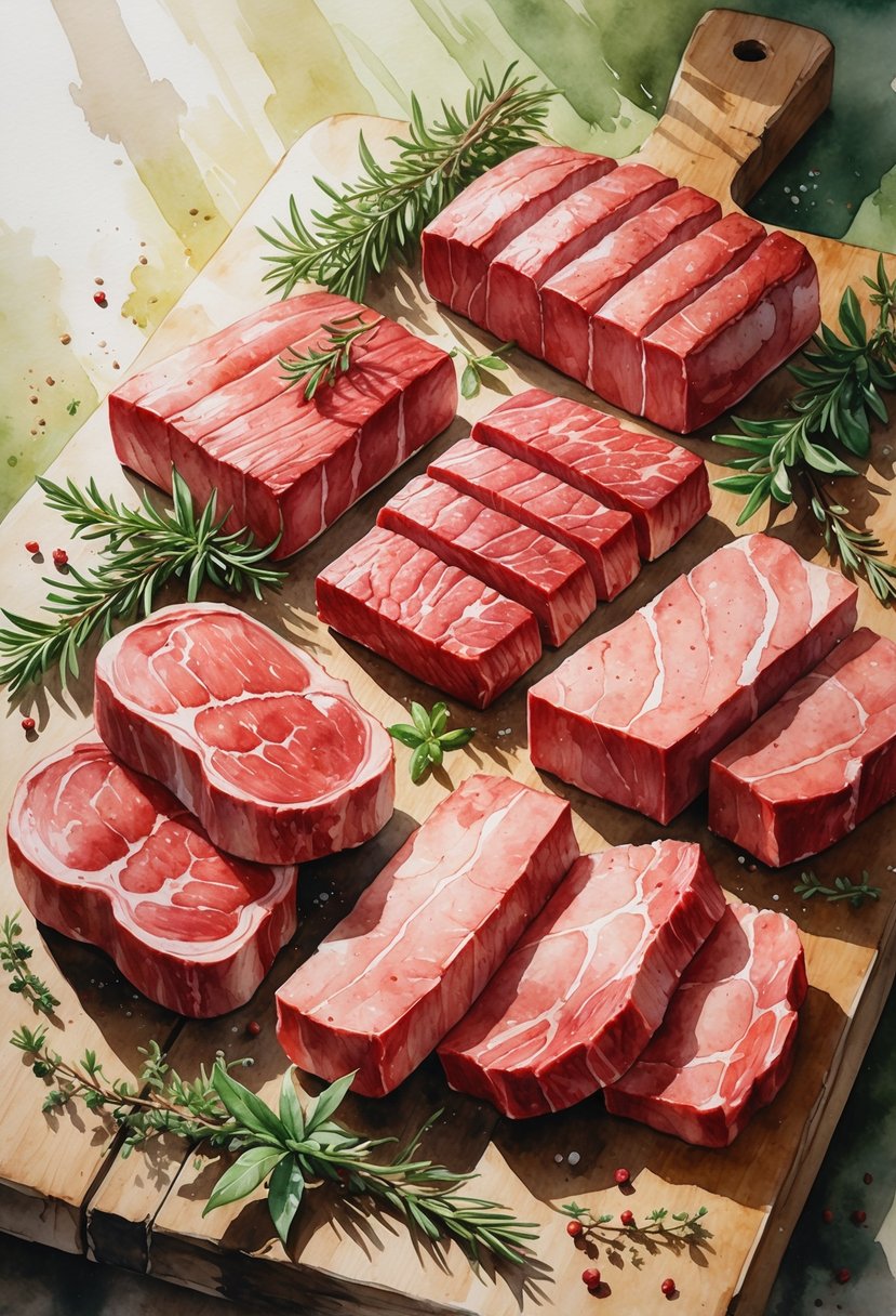 An assortment of lean red meats on a wooden cutting board with fresh herbs and peppercorns.