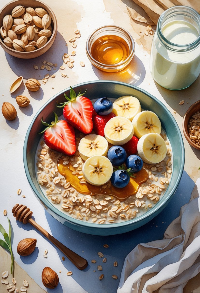 A bowl of oatmeal topped with fresh fruits and nuts on a wooden table surrounded by ingredients like seeds and milk.