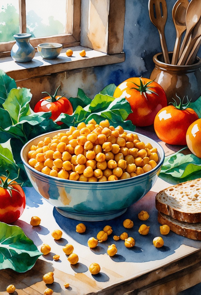 A bowl of chickpeas on a wooden table surrounded by fresh vegetables and bread in a cozy kitchen setting.