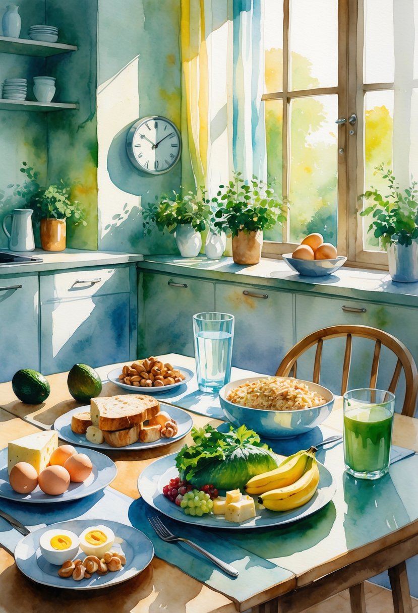 A kitchen table with various healthy foods like avocados, nuts, eggs, bananas, and smoothies arranged alongside a clock and a planner.