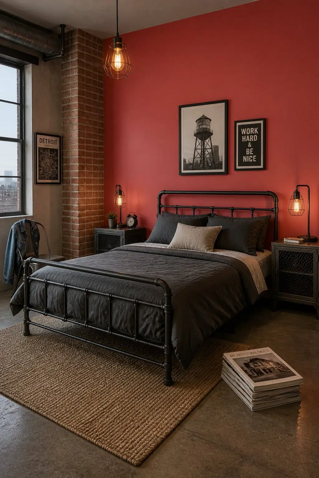 A industrial bedroom painted in Ablaze