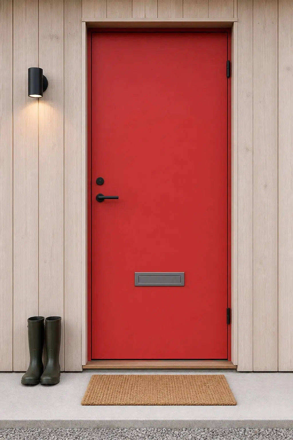 scandinavian front door featuring Ablaze by Sherwin-Williams