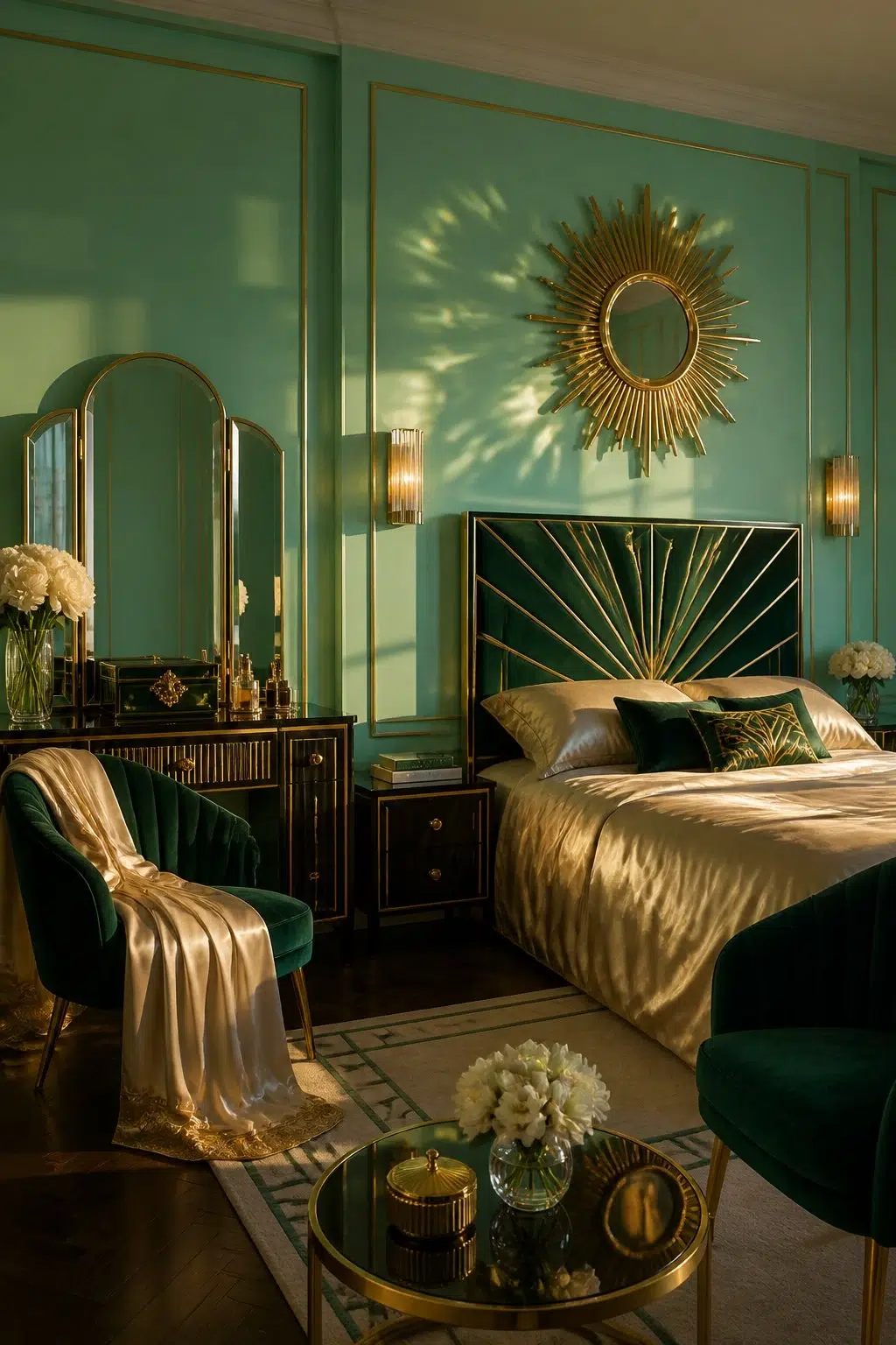 A art deco bedroom painted in Active Green