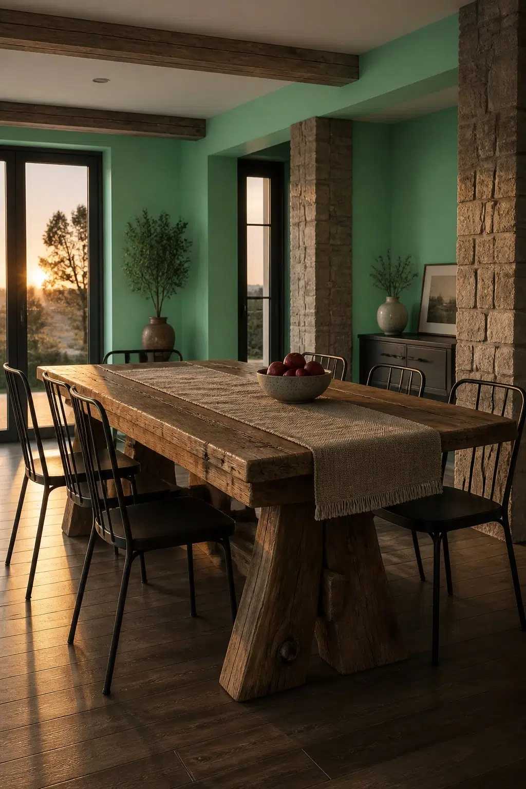 Active Green paint in a rustic modern dining room