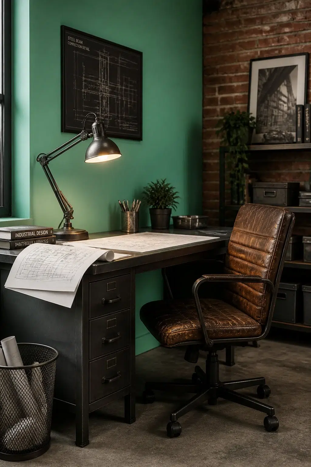 A industrial home office painted in Active Green
