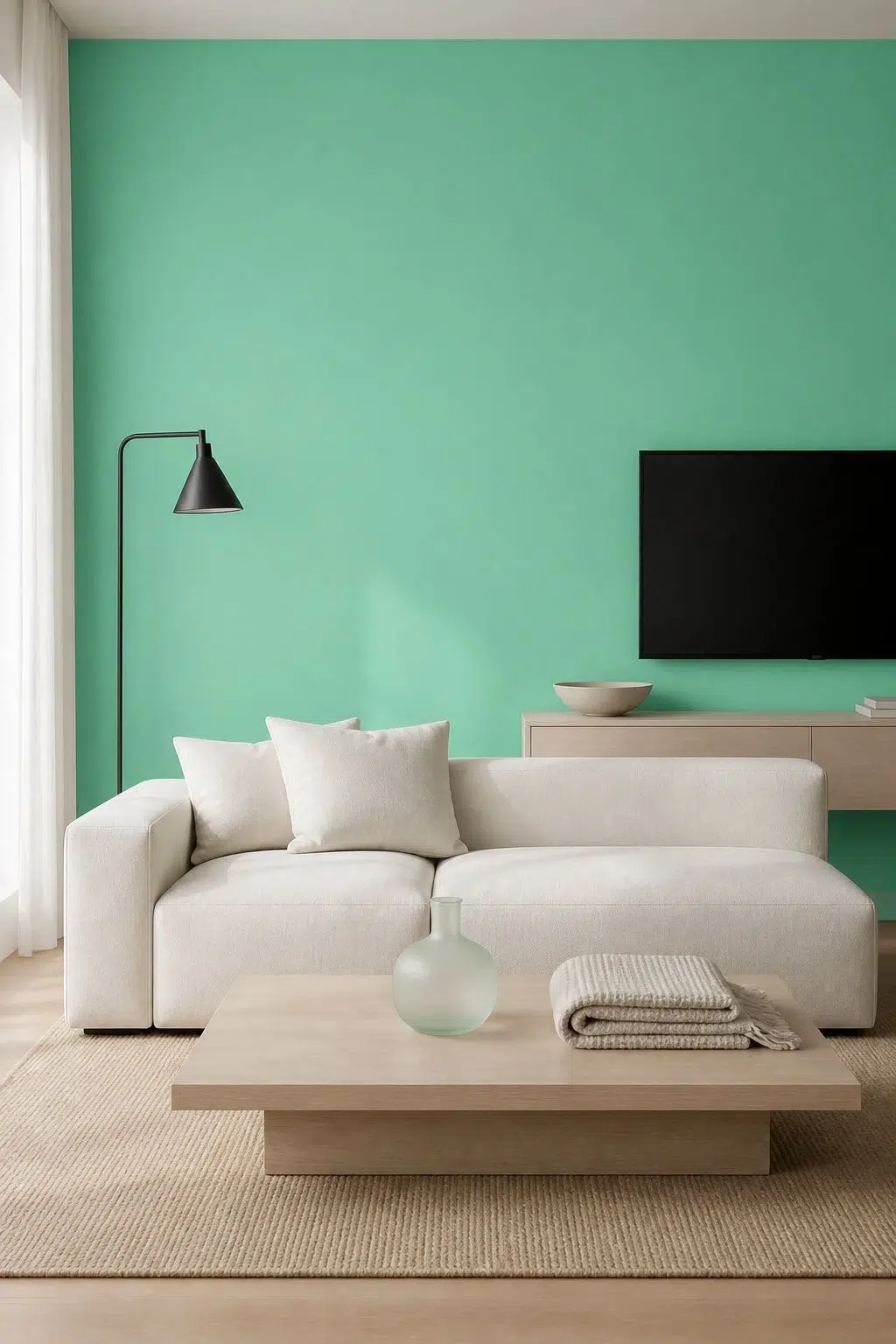A minimalist living room painted in Active Green