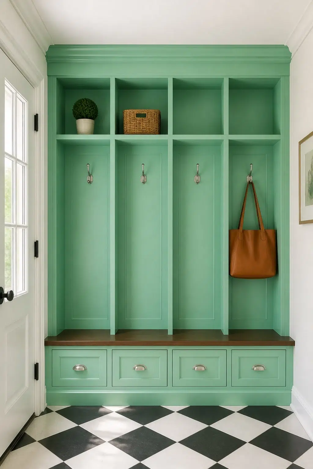 Active Green paint in a classy mudroom