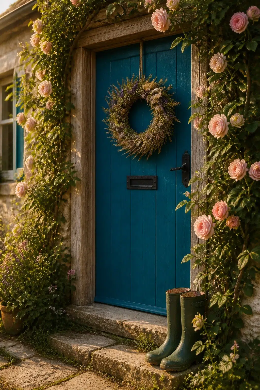 cottagecore front door featuring Adriatic Sea by Sherwin-Williams