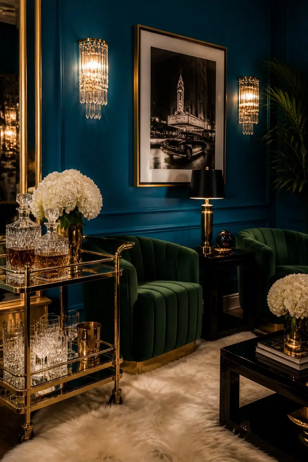 A hollywood regency living room painted in Adriatic Sea