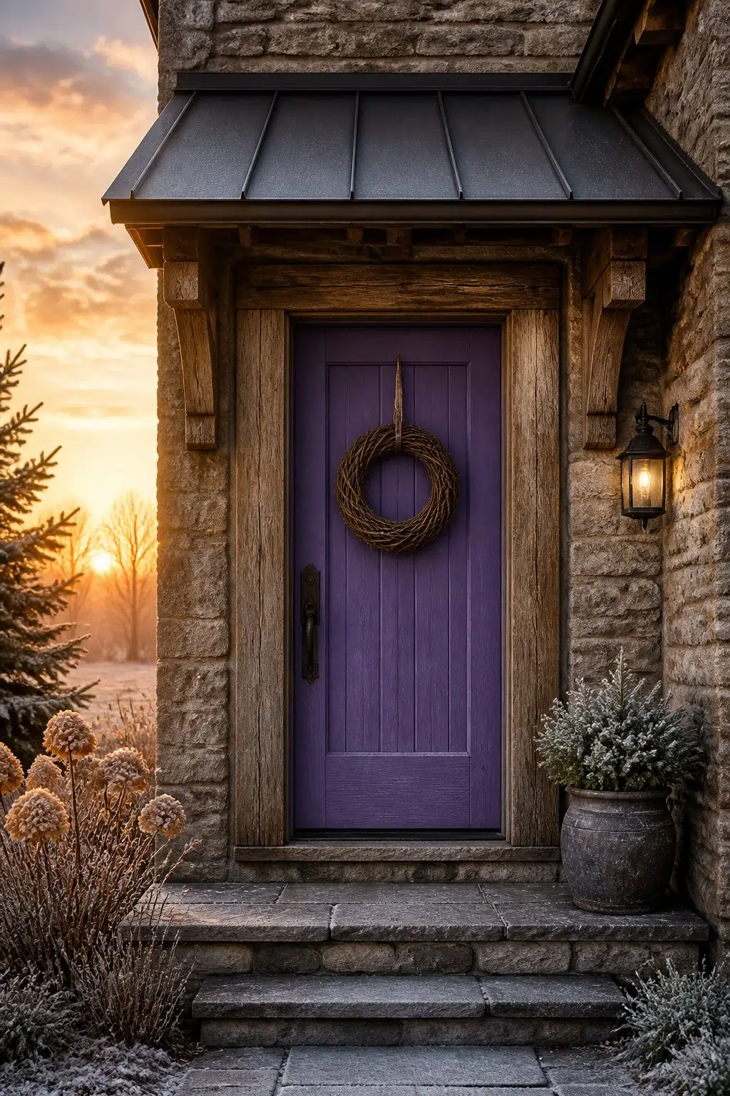 rustic modern front door featuring African Violet by Sherwin-Williams