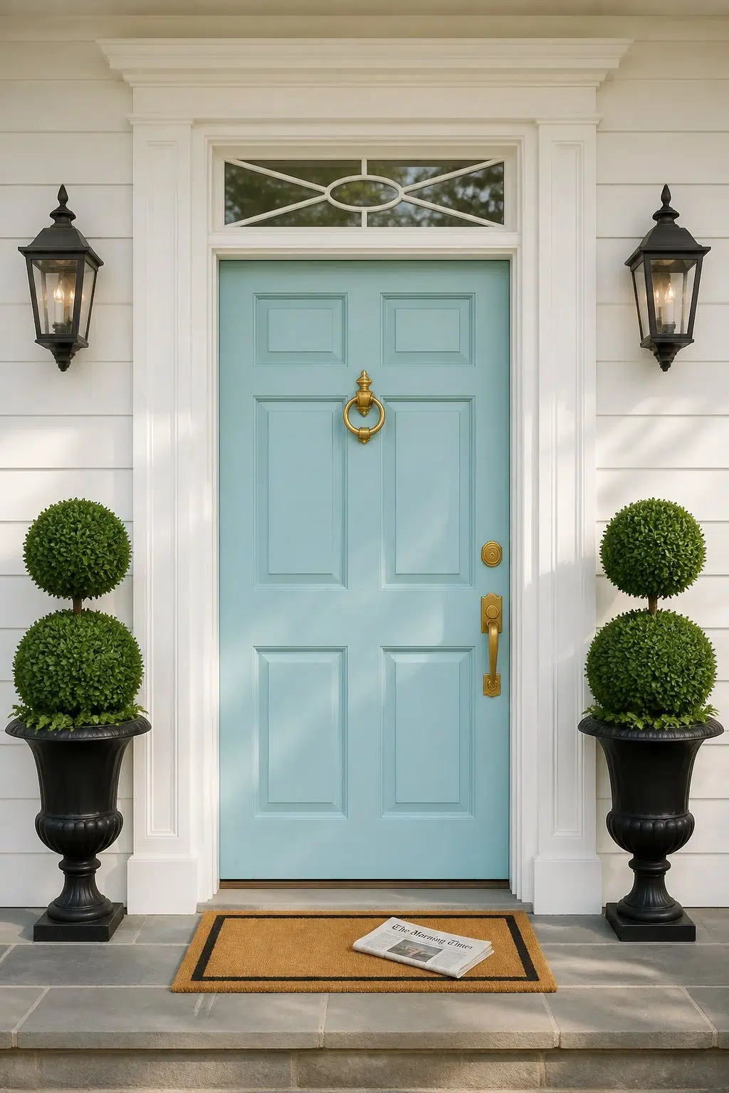 traditional front door featuring After the Rain by Sherwin-Williams