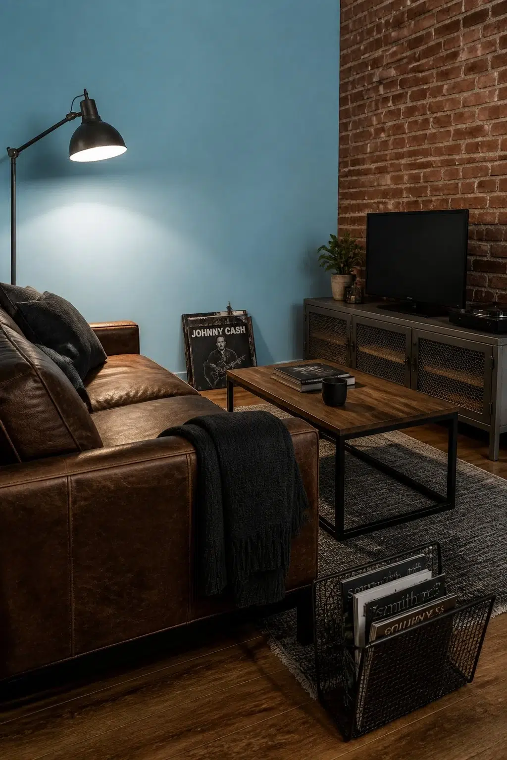 A industrial living room painted in After the Rain