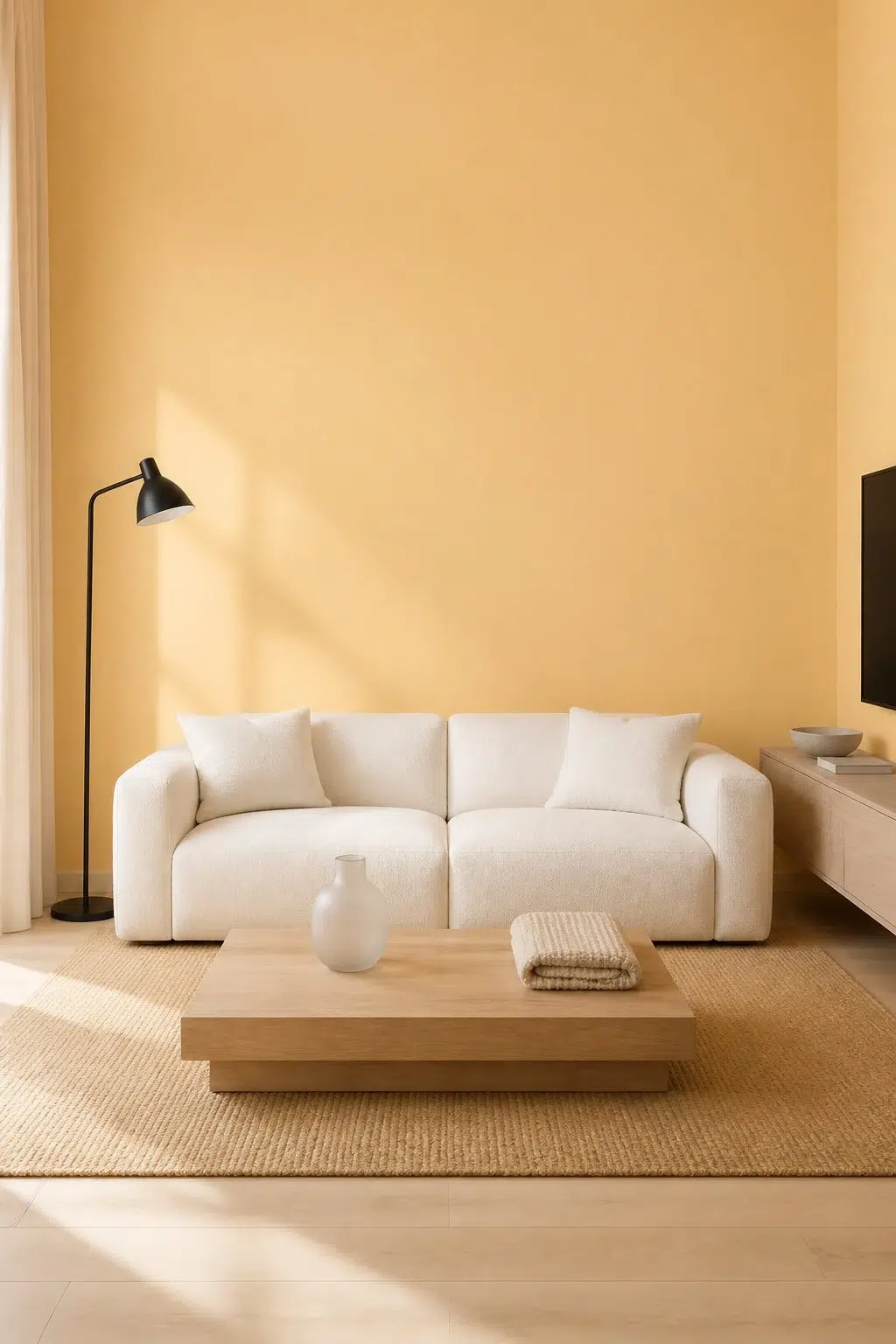 A minimalist living room painted in Afterglow