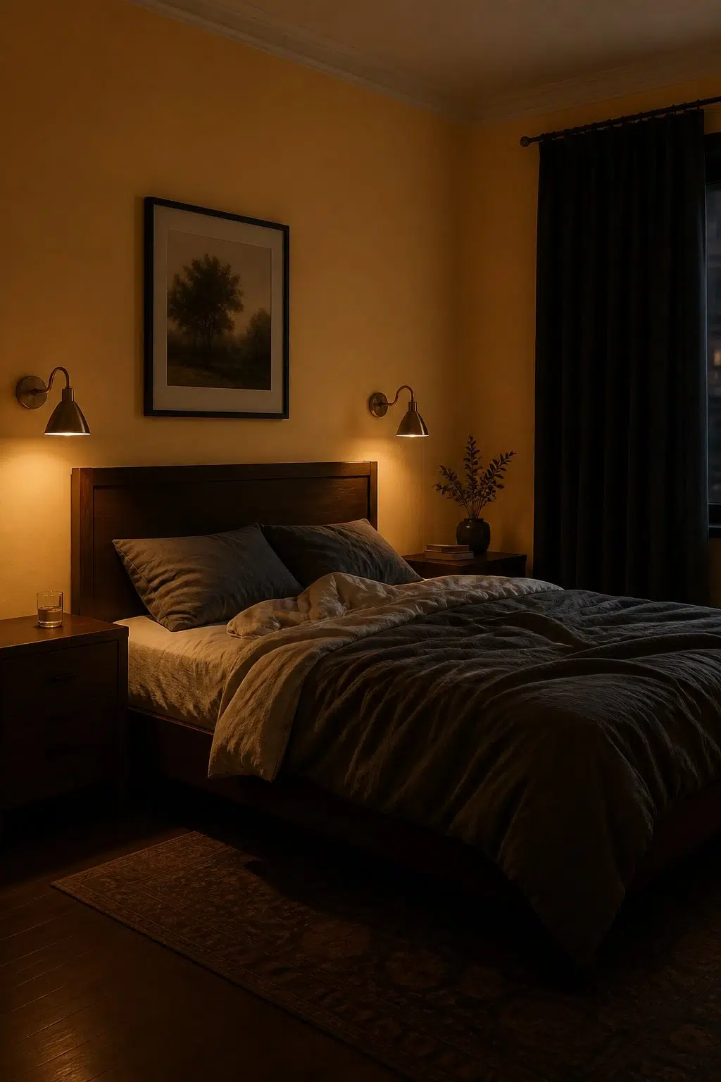 A moody bedroom painted in Afternoon