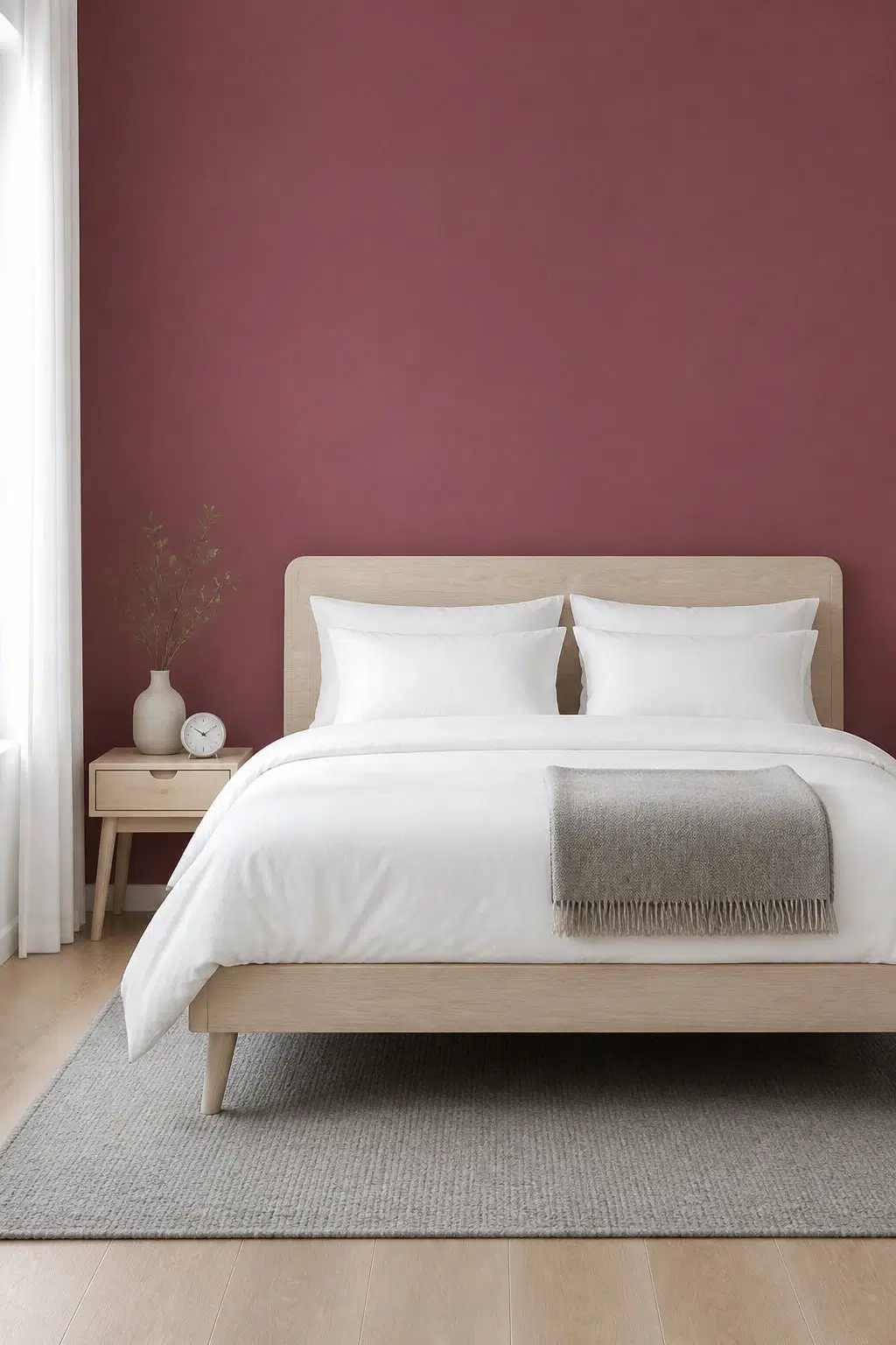 A scandinavian bedroom painted in Aged Wine